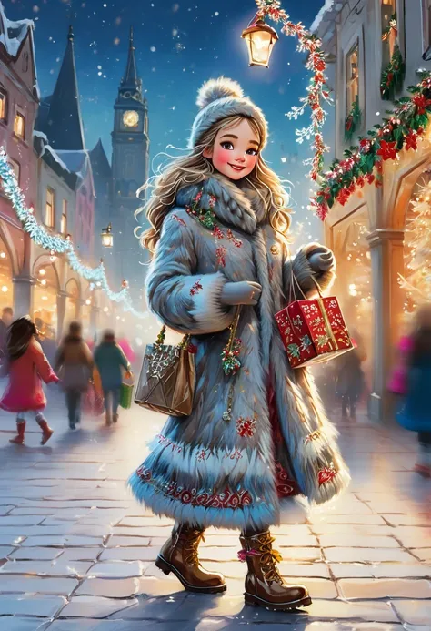 square decorated for christmas, beautiful tree with decorations and garlands, decorations, magical ice figures, santa claus fair, girl with gift bags walking through the square, dressed in a winter fur coat and felt boots, acrylic image, wonderful atmosphe...