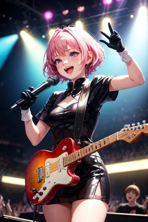 Net Idol, a solo artist with pink and short hair wearing an American teen outfit, wearing a black tunic, wearing teen gloves, is singing pop very happily at a fun concert and people come to watch in the millions.