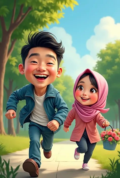 Caricatur 4d chinese actor name xu kai, that chase by a girl in pink hijab who bring a bucket of flower, at a park