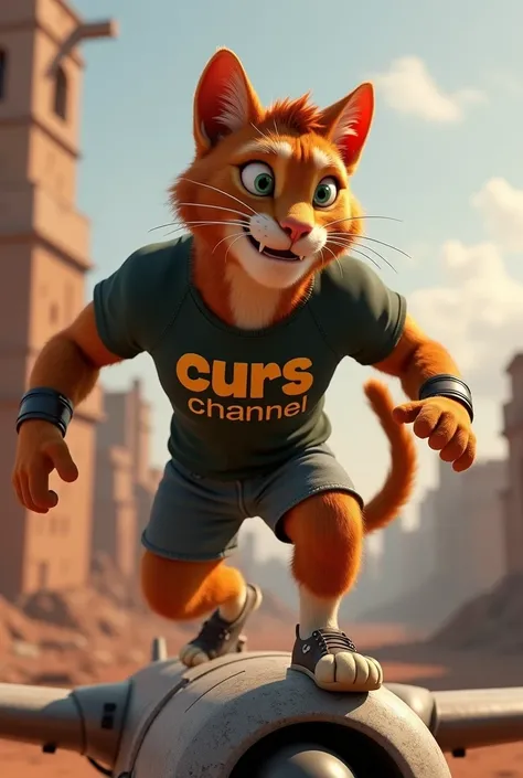  3D animated Disney Pixar muscular cat wearing a t-shirt with the inscription ciurs channel is stepping on a plane using legs, against the background of the ruins of a city building ,wide, full body facial detail texture quality 8K  