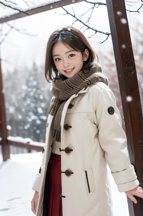 (8k, RAW photo, photorealistic, HQ, masterpiece), a cute Japanese girl,(glowing eyes), 
(laugh ), brown hair, fluffy Pixie Bob hair, large breasts, (Stylish winter outfits, Scarf, coat, long skirt), 
standing pose, Seductive pose, (Snow continuing to fall:...