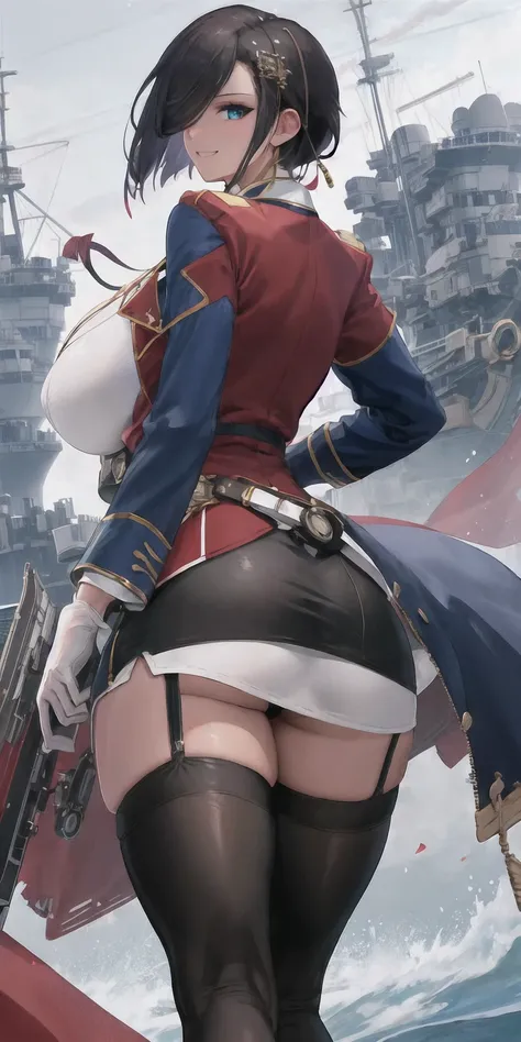 High resolution, Sharp focus, masterpiece, ((Intricate details)), Very detailed, One girl, smug, smile, (tall), (stocky build:1.25), (gigantic huge breasts), (gigantic thick thigh:1.3), (gigantic huge hip), narrow waist, (cowboy shot:1.2), ark_royal_azurla...