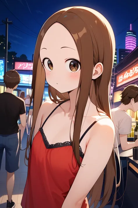 NSFW,masterpiece, top quality , high res, very detailed,Takagi(からかい上手のTakagi), long hair、Brown Hair、 split bangs,Forehead、clavicle, camisole,Nightlife