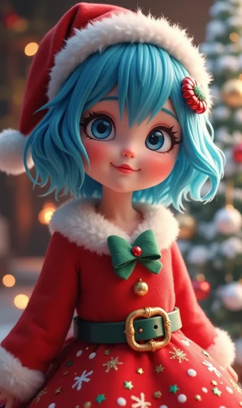  girl with short hair, her navy blue hair,  wearing a Christmas costume 