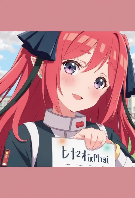 anime illustration of girl smiling,holding a sign with the text Phi Phai. in stylish font,colorful background,cheerful atmosphere,detailed character design,vibrant colors