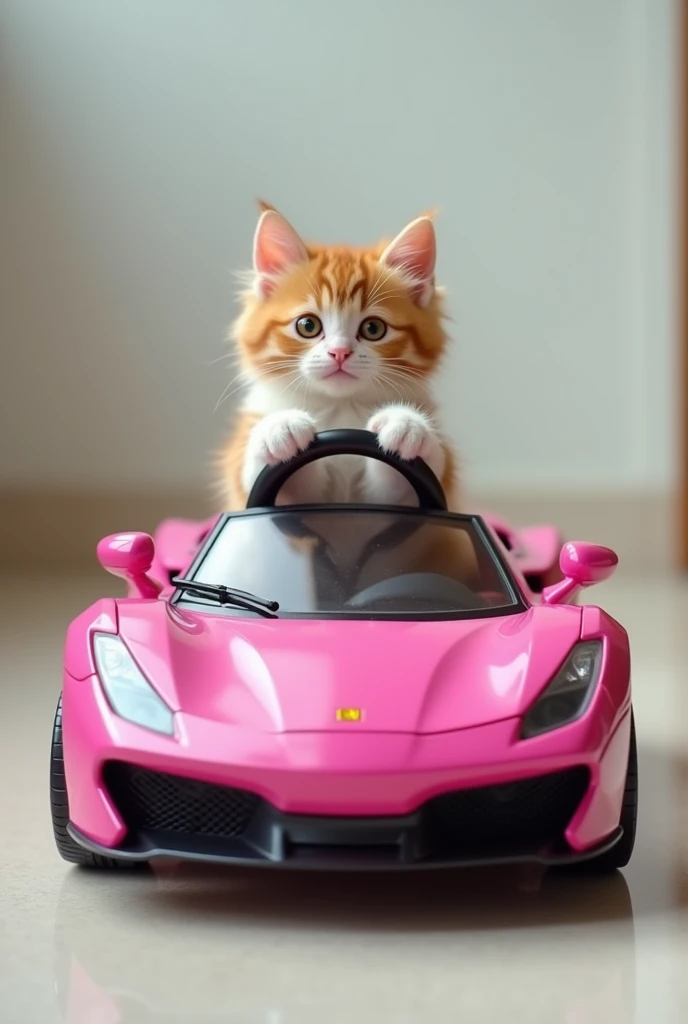 Live action kitten riding a pink toy sports car