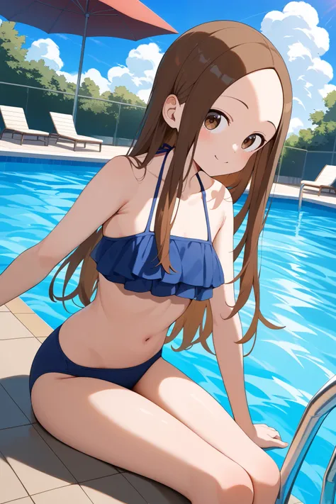 NSFW,masterpiece, top quality , high res, very detailed,Takagi(からかい上手のTakagi), long hair、Brown Hair、 split bangs,Forehead、clavicle, bikini,Pool, theme parks 