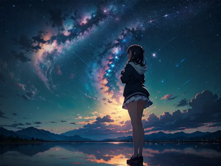 masterpiece, 8k, Girl Standing on a Salt Lake ,  the lake is a mirror reflecting the stars  ,  anime girl watching the sky, 星の光が bright  , 瞬く starry sky ,  there are many stars in the sky , Beautiful sky,  beautiful girls,  evening,  starry sky  ,  Beautif...