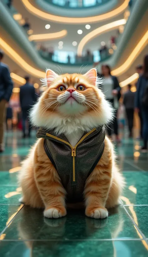 (Photorealism:9.16),  Close up image of an adorable cute fat persian cat of orange variety , black and white , shiny long fur ,  nasolabial,  red lips blush ,  wearing cute and luxurious baby clothes ,  sits on the center floor of the atrium of the luxury ...