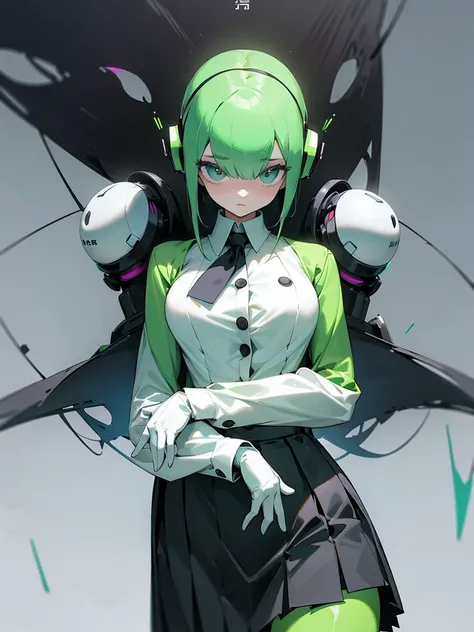 Black, white, green, half-robot woman wearing a school dress, black skirt, blouse with white buttons, removing two buttons, seeing a black blouse, writing that I am not a robot, stands neatly upright.