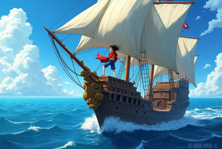 An anime character is flying on a ship in the ocean, Pictures inspired by Eiichiro Oda,  pixib, Process Art,  One Piece style, Eiichiro Oda style,  One Piece, from  One Piece,  One Piece artstyle, Eiichiro Oda style,  One Piece ship sailing,  Official Art,...