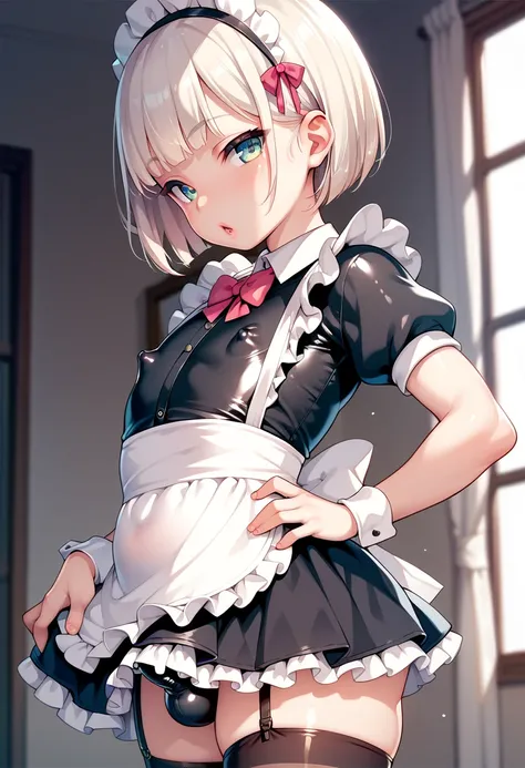 solo, 1boy, shota, trap, mini skirt maid uniform, covered hyper puffy nipple, flat chest, erect under clothes, bob cut,