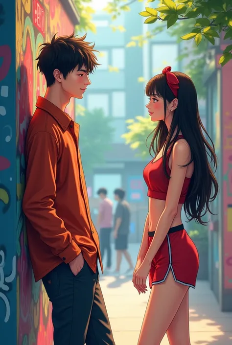 View from the center. With a colorful graffiti wall in the background that says "HERTUM" and a picture of a cute HR. There is a handsome smiling Korean man and a beautiful long-haired woman, wearing a beautiful Korean style and shorts, standing leaning aga...