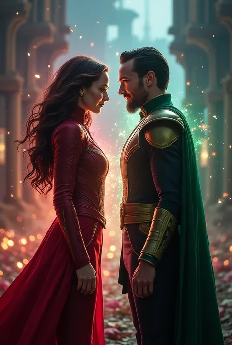 Heres a detailed prompt for generating an image based on your request:

"A scene where Wanda Maximoff (Scarlet Witch) and Loki are standing face to face, locked in a moment of intense eye contact. Wanda is dressed in her iconic red outfit with her long dar...