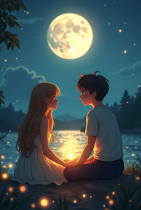 "A tender scene where Eira and Aryan sit by the golden lake under the bright moon. Aryan’s glowing pendant shines brightly as they look at each other, their expressions full of wonder and connection. The surrounding fireflies, moonlight, and shimmering lak...