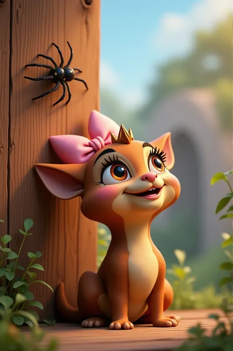 a smiling, friendly brown queen with large, expressive eyes, wearing a pink bow on her head. The spider is climbing a wooden wall looking at the sky Disney 3D style