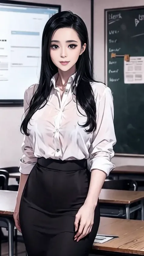 Young and beautiful female teacher,long hair, dark brown or black hair, gentle gaze, fresh smile, a combination of intelligence and warmth, wearing a simple teacher uniform, elegant posture, fresh yet slightly delicate appearance, classroom background, app...