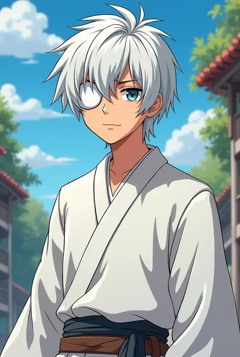  Male teenager in white robes , White hair and eye patch ,  cartoon inspired by an RPG character