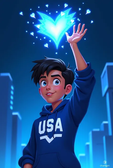 "Create a 2D animated character in the style of Batman: The Brave and the Bold. The character is young, with a confident expression, wearing blue USAT branded merchandise, such as a hoodie or t-shirt. The character is holding their heart up in their hand t...