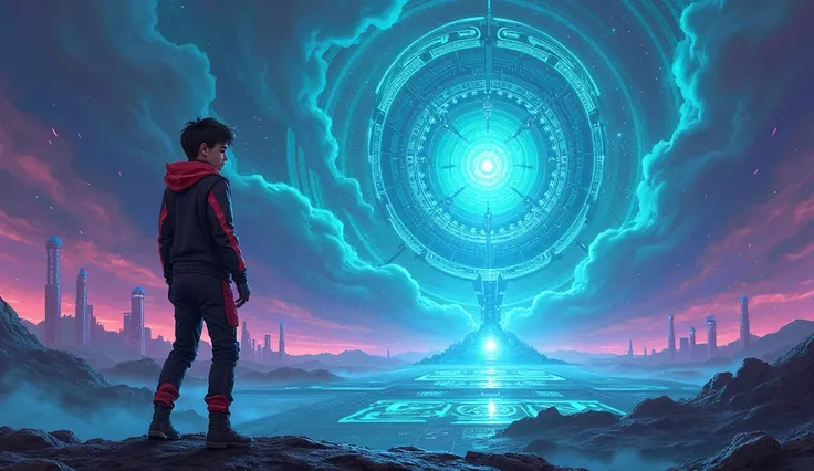 "Create a futuristic sci-fi scene depicting a young man, Kieran, standing on a glowing alien landscape, filled with strange, floating structures and pulsing energy in the atmosphere. The landscape should feel both eerie and awe-inspiring, with distant neon...