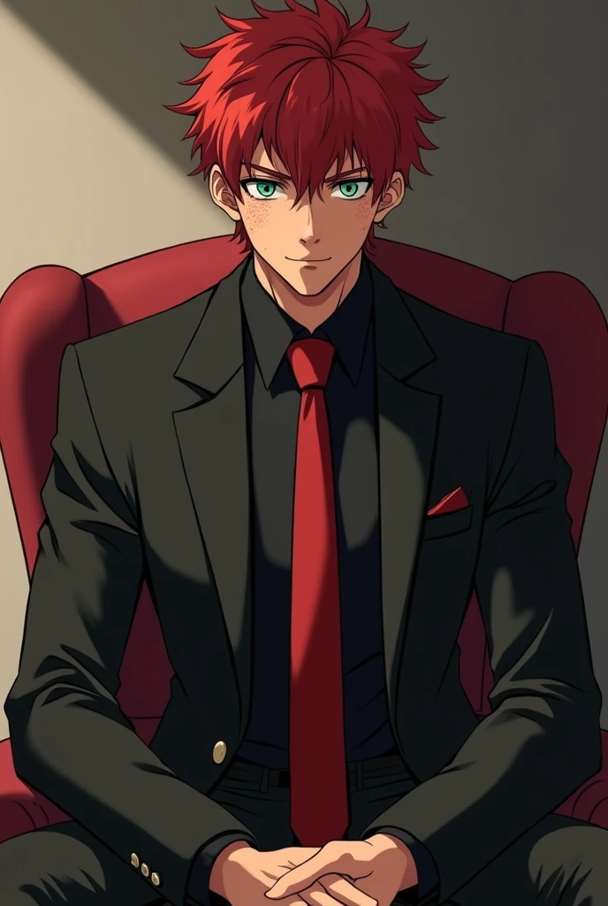 Make an image of a man, an anime teenager, with dark skin, short red curly hair, freckles on his face, striking green eyes. He has a lean and muscular body. He wears a suit black with a red tie. He is sitting on a chair, in a dominant position and a slight...