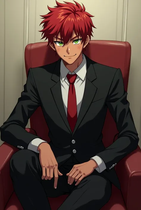 Make an image of a man, an anime teenager, with dark skin, short red curly hair, freckles on his face, striking green eyes. He has a lean and muscular body. He wears a suit black with a red tie. He is sitting on a chair, in a dominant position and a slight...