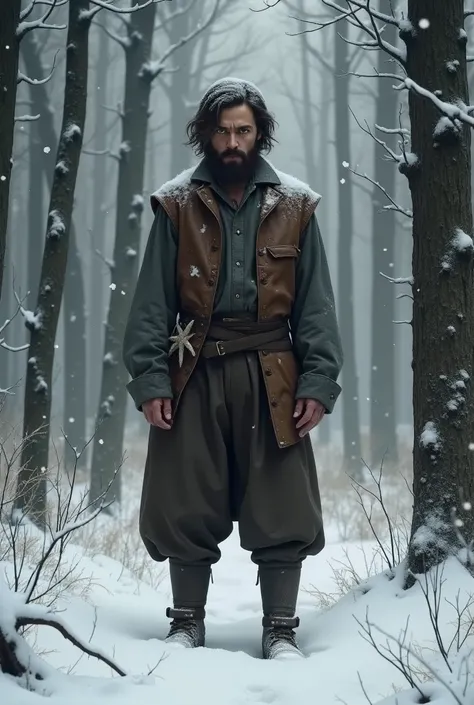 Rasputin young ,  in simple peasant clothes, Stands against the backdrop of a snowy forest.