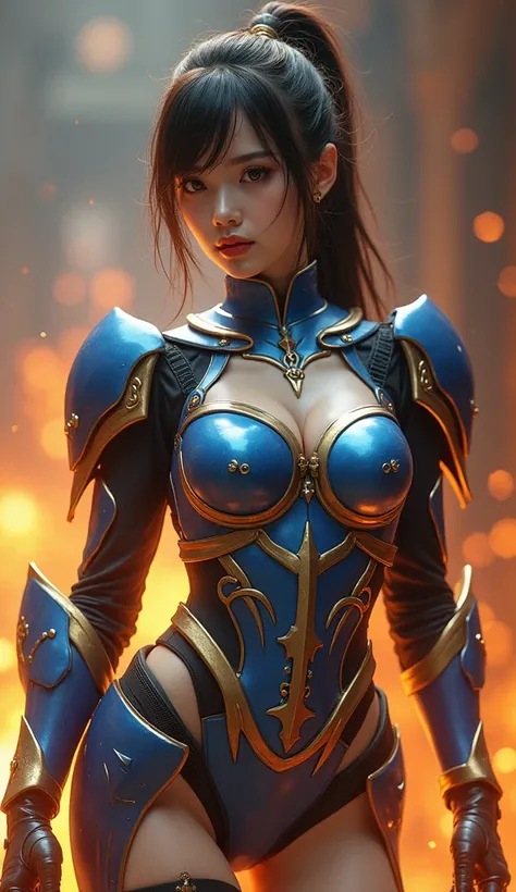  A Japanese woman ，20 years old， realism 8K ， exquisite face 8K ，long hair， hot body ，Busty Big Chest ， Bursting Breast ， Wearing blue and gold fused science fiction style semi-sectional low chest metal armor，Sexy， feeling your chest shaking ， revealing pa...