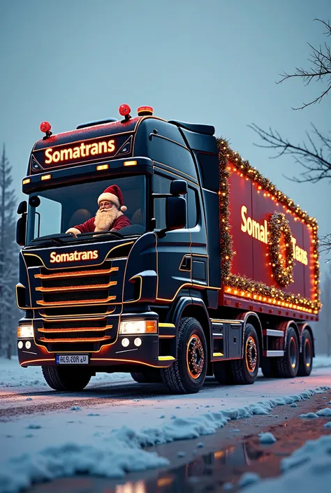 SCANIA 770 large black truck decorated with Christmas with the name of SOMATRANS in large and Santa Claus driving it 