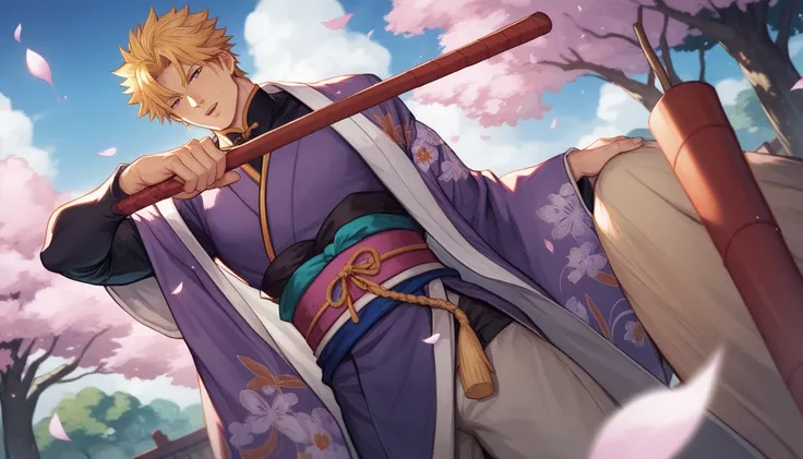 arafed asian man in a purple kimono with a wooden stick, hijikata toushirou of gintama, wearing royal kimono, hijikata toushirou, masamune shiro, in kimono, clothed in old samurai uniform, koyoharu gotouge, from sengoku period, wearing black and purple rob...