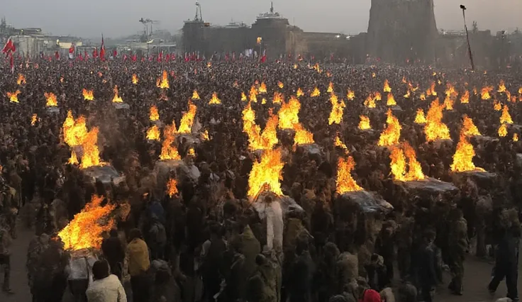 Military parade of soldiers carrying burning coffins, aerial view