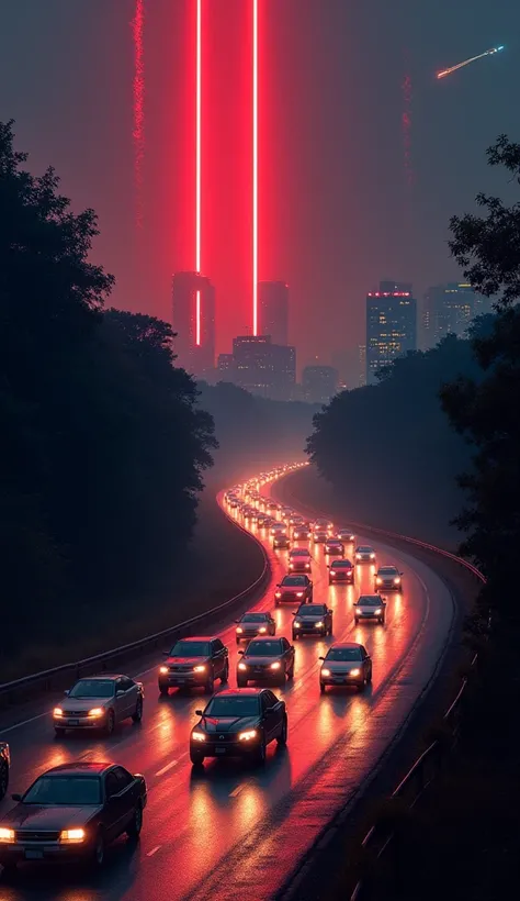  cars on the New Jersey highway, Red lights in the sky 