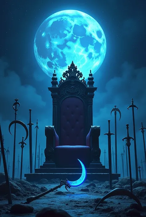  throne, Blue Moon , night sky,  Weapons embedded in the ground, blue scythe