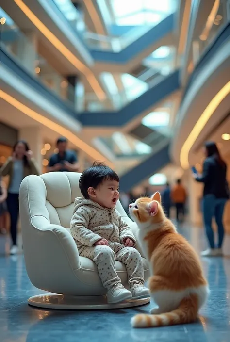 (Photorealism:9.16), A baby with adorable white skin,  nasolabial,  long shiny black hair ,  wearing cute and luxurious baby clothes ,  sitting on a large sofa chair in the middle of the atrium of a luxurious and magnificent shopping mall . In front of him...