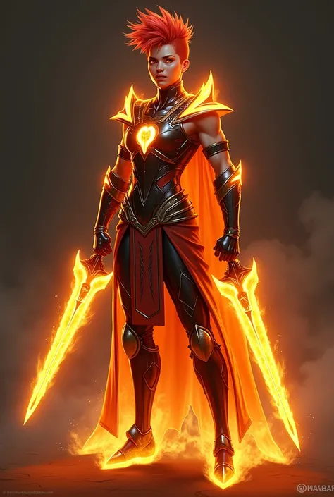 "Design a Mortal Kombat-inspired character named Kaelen Solfire, embodying the intense heat and destructive power of July. The character has a tan skin tone with fiery red and orange undertones, symbolizing the relentless summer sun. Their short, spiked ha...