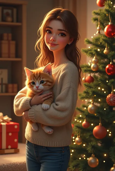 Anna Oginova at the Christmas tree in a sweater with a kitten and jeans