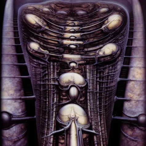 H. R. Gigers g1g3r, , Giger_style, Giger_style, The image is a detailed view of H.R. Gigers " Landscape XVI " plate, featuring a complex network of bones and organs in a purple-brown hue ,swirling gray and brown colors. The artwork is silver and purplish b...