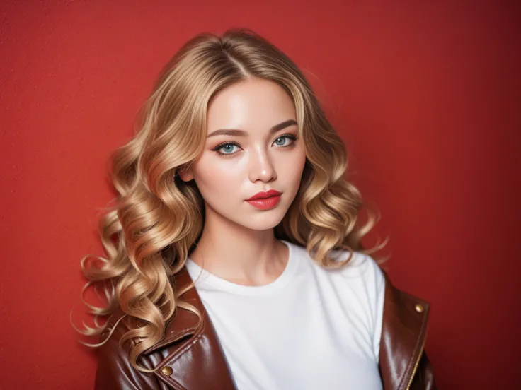 Adelaide _kane wearing brown leather jacket with white t-shirt, Long wavy hair,  eyeliner , lipstick, 
Top view of portrait,  red wall as background, Soft light, 
 