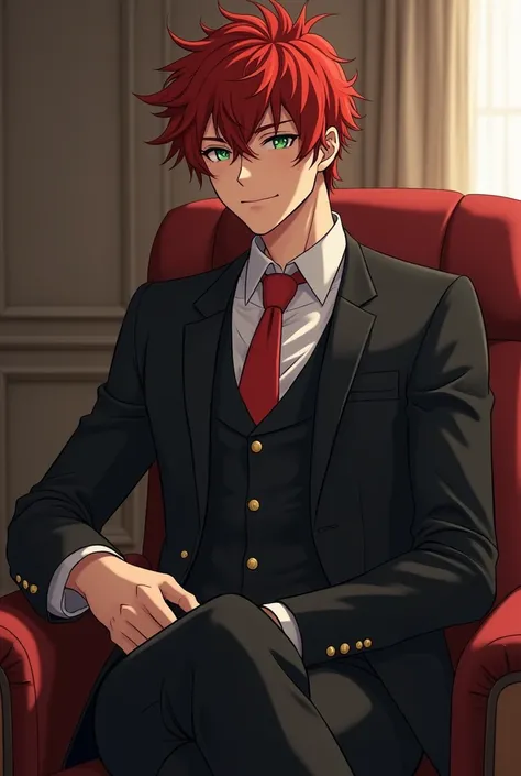 Make a picture of a man, An anime teenager,  with dark skin , short curly red hair, freckles on the face, striking green eyes. He has a lean and muscular body. He wears a black suit with a red tie .  hes sitting on a chair,  in a dominant position and a sl...