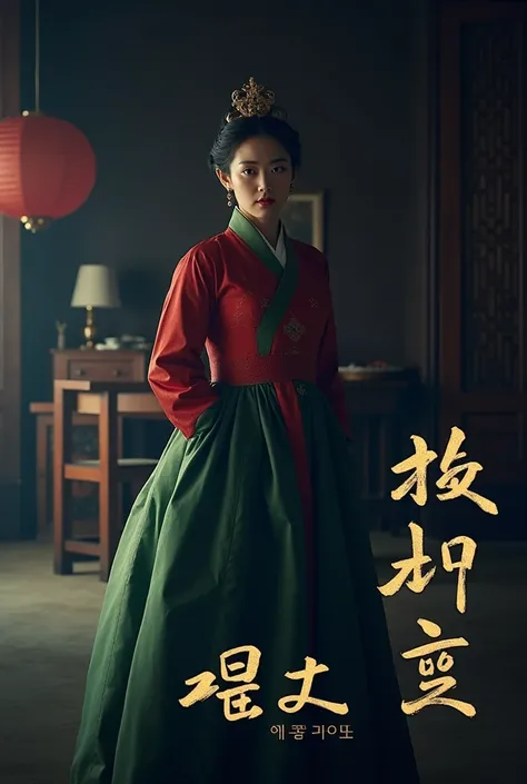 The films poster focuses on Korean culture, depicting a fair-skinned Korean woman wearing a traditional Joseon Dynasty officials hanbok in red and green, standing in an ornately decorated room with wooden furniture and lamps. The background is dimly lit, c...