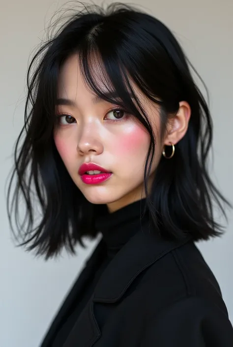 Create a image of a 24 years female  old fashion model with round face cut wearing modern and black hair pink lips bright skin front look