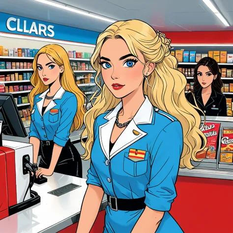 Make an image of three girls .  Two of them are working at a road gas station , Its snowing .  The third girl ,  he comes to get chains for his car wheels .  I describe them to you : Haand una morena de pelo,  with marked eyebrows , and los pomulos, high, ...