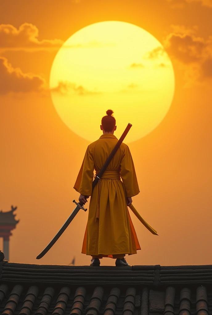 A yellow-clad Chinese sword man in his 20s, muscly swordsman stands on a floating roof，Behind him is a huge sun, wide angle perspectives, cinematic , wider angle can see the whole villqge