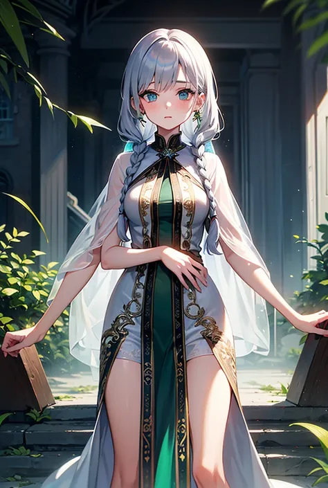 girl 20 years old.
high,  slender girl with silver hair , which are gathered in a lush braid .  Her eyes glow green , like emeralds.  Clothes — a light raincoat and a long silver-embroidered dress,  resembling magical runes .
