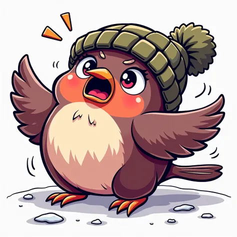 A cartoon robin wearing a large, olive-green knit hat with a pom-pom is depicted.  The robins expression is distressed and scared, its eyes wide, and beak agape. Its body is a mix of dark brown and reddish-orange.  The bird is positioned in the mid-ground,...