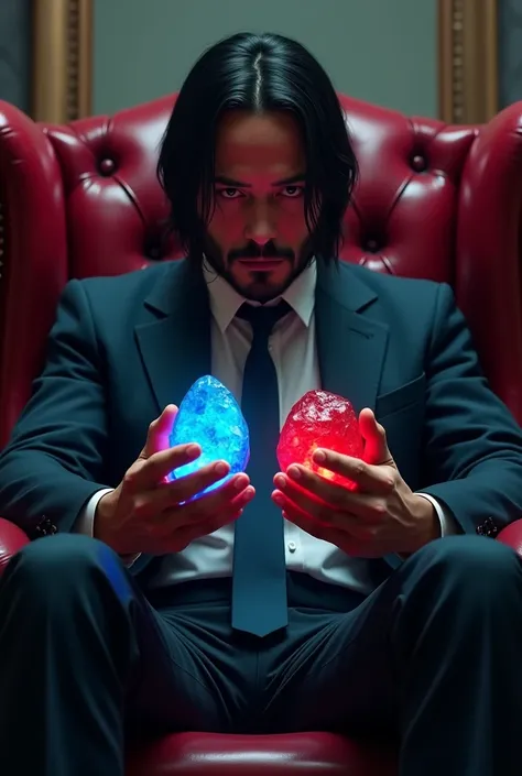 John Wick, sitting in a red leather armchair, holds a blue stone in one hand and a red stone in the other. 