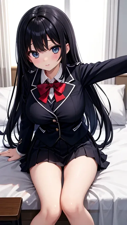 High School Student Half Naked ,  Folded Skirt,　In town、 uniform,  punch, 、 table top in bed、 long black hair , big breasts、