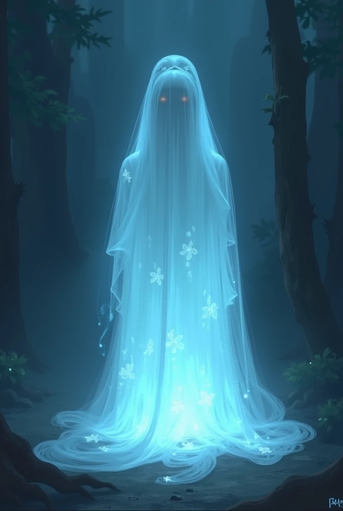 
Suddenly, a gentle ghost materialized before her. The ghosts ethereal form glowed with a soft, blue