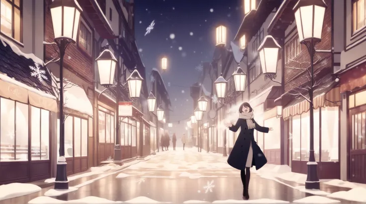 An anime-style illustration of an elegant, mature woman joyfully playing in a snowy city street. She is dressed in a chic winter outfit, including a long, stylish wool coat, a cozy scarf, and knee-high boots. Her dark hair flows gently as she tosses a hand...