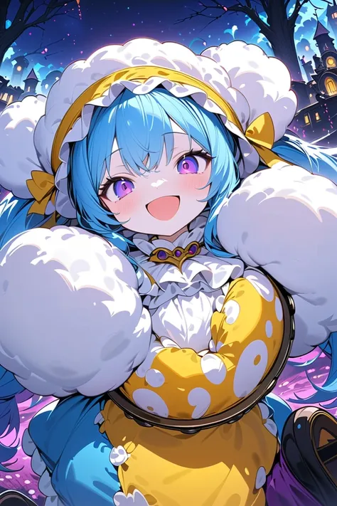 Blue Hair,  twin tails,clown, girl,I have a tambourine , my mouth is torn ,Fluffy Costume, laughing in front of the car , Im wearing white gloves , yellow and purple border colored pants,Black shoes, knight ,Dark fantasy,Graveyard Background,masterpiece, t...